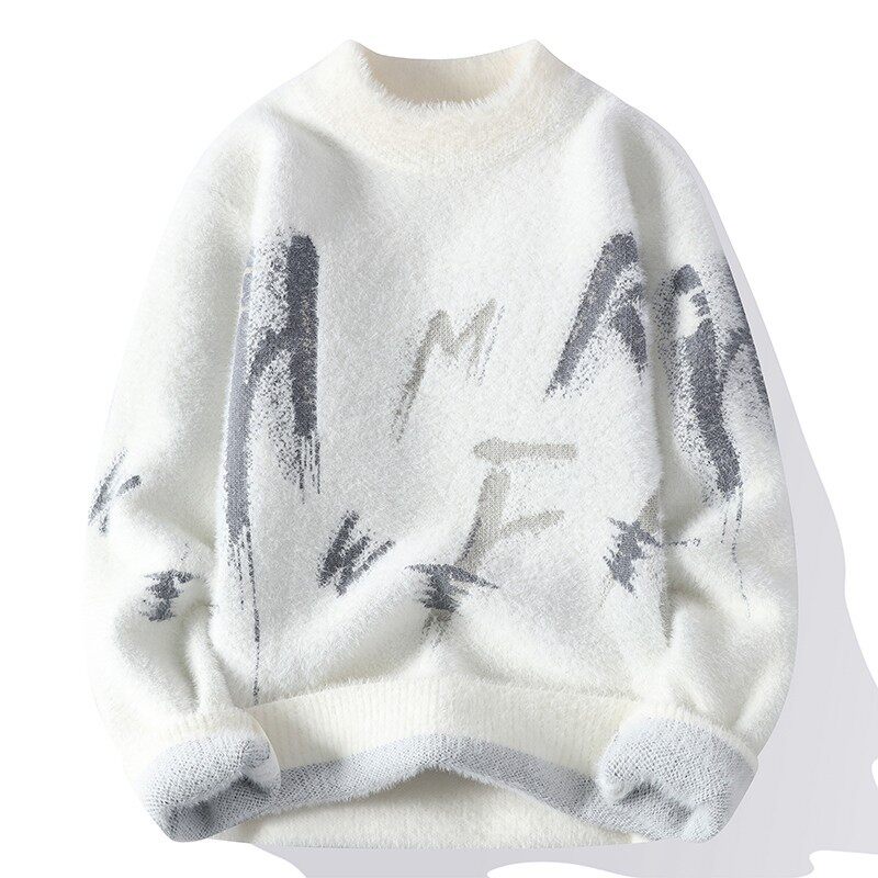 水貂绒加绒男士秋冬季潮牌针织打底衫加厚潮流上衣保暖百搭线衣服