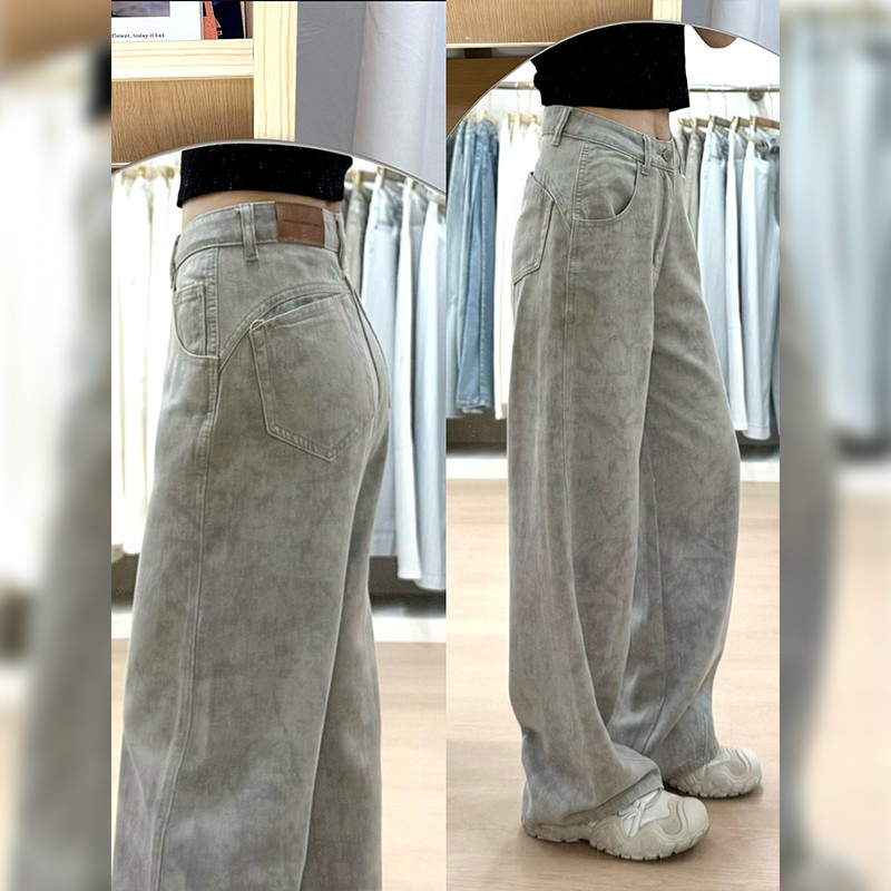 美式复古扎染阔腿牛仔裤女2025夏季薄款设计感显瘦宽松直筒拖地裤