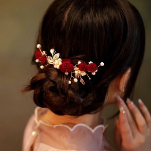 鲜花新娘头饰山茶花发夹红花头饰秀禾汉服中式后脑古风旗袍马面裙