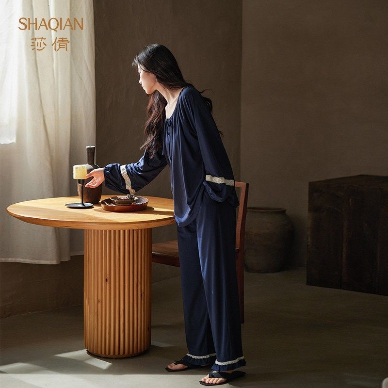 莎倩2025年春秋季新款睡衣女柔软纯棉长袖家居服圆领休闲外穿套装