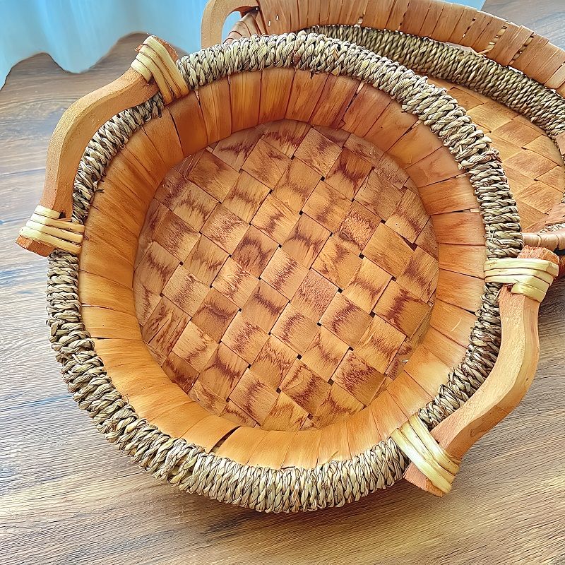 527中式手工编织收纳篮双耳圆形水果篮客厅家用炸物面包篮藤编收