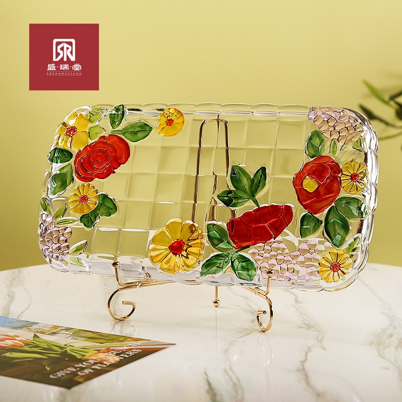 【盛瑞堂】手绘彩色玻璃艺术长方形茶盘玻璃水果盘