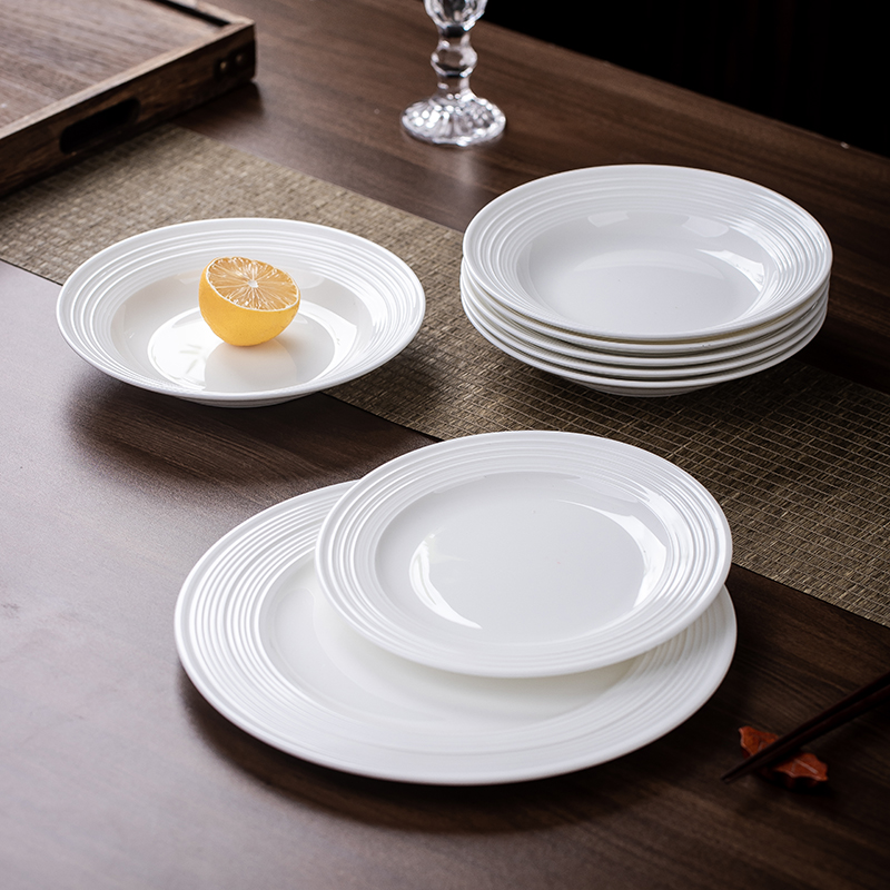 景德镇纯白无铅骨瓷螺纹盘子