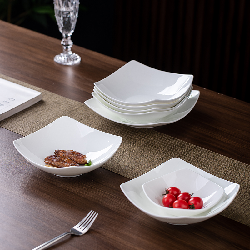 景德镇骨瓷创意翘角碗ins家用饭碗贵贵龙水果沙拉纯白碗盘四角盘