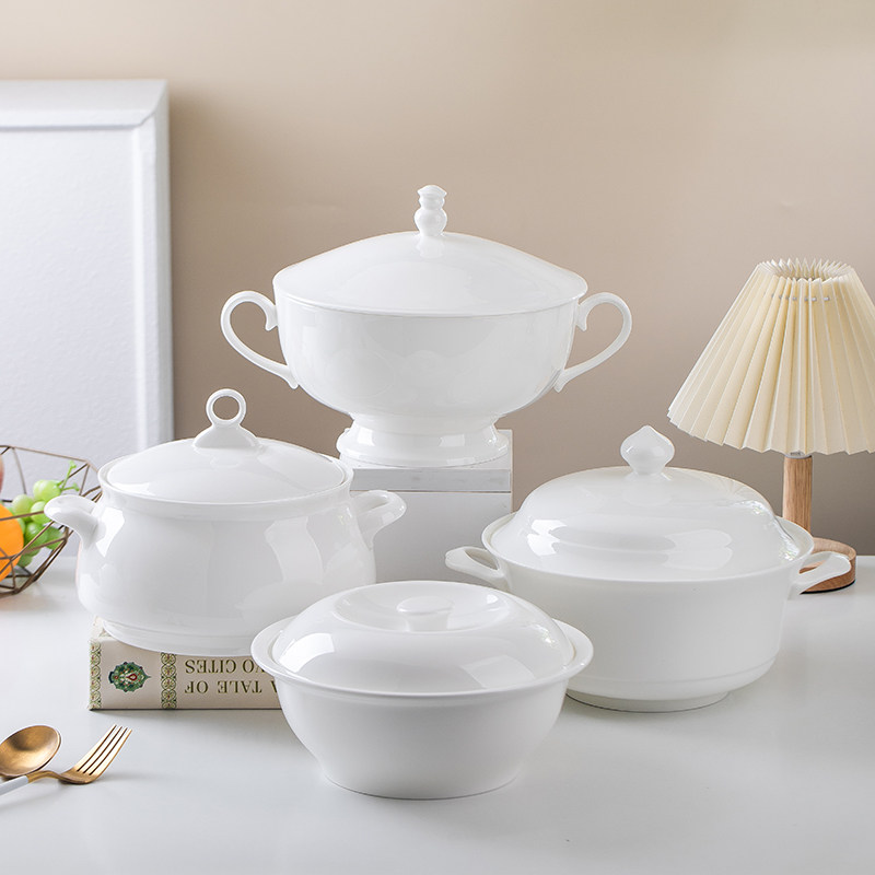 景德镇纯白骨瓷餐具带盖双耳防烫家用酒店大汤锅汤煲水煮鱼片盆锅