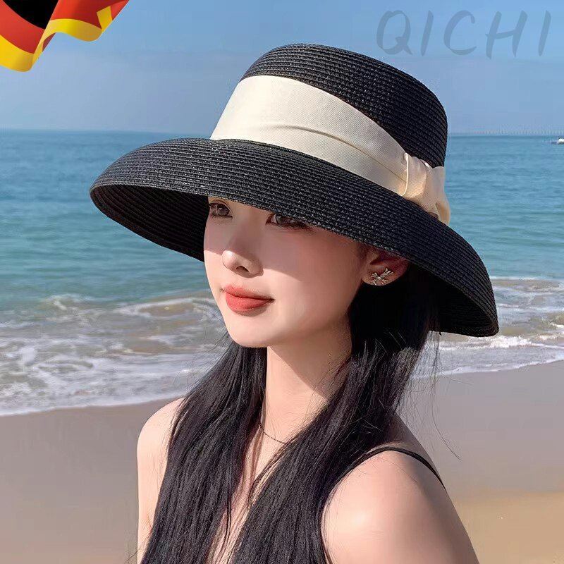赫本风草帽英伦礼帽女遮阳防晒太阳帽出游渔夫帽盆帽沙滩帽子夏天