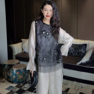 衣年纯品 国风刺绣欧根纱上衣女花边领一片式系带新中式背心小衫