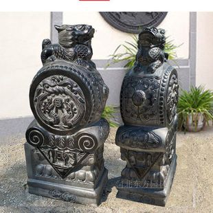 石雕门墩抱鼓石一对青石彷古做旧麒麟石狮子别墅庭院镇宅门口摆件