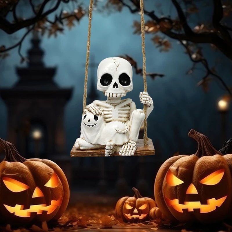 1pc Halloween Swing Skull Holding Ghost Cat Statue Garden Ho