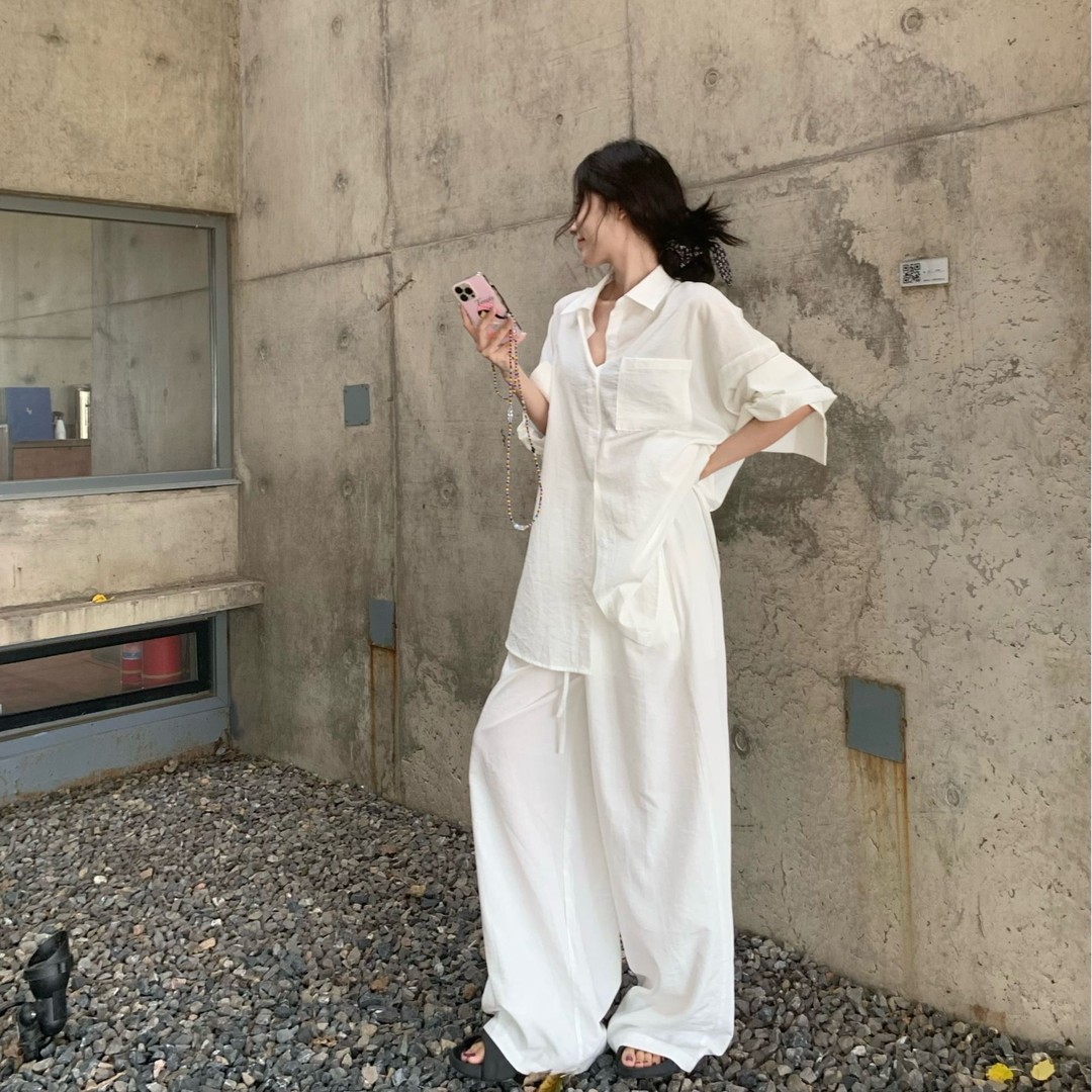 小众春夏韩版松弛感慵懒套装宽松休闲衬衫高腰系带阔腿裤老钱风AL