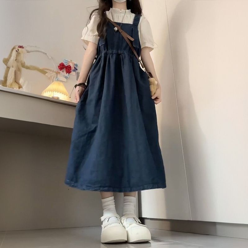 女童牛仔背带连衣裙短袖衬衫两件套女春夏装学院风中长款裙子套装