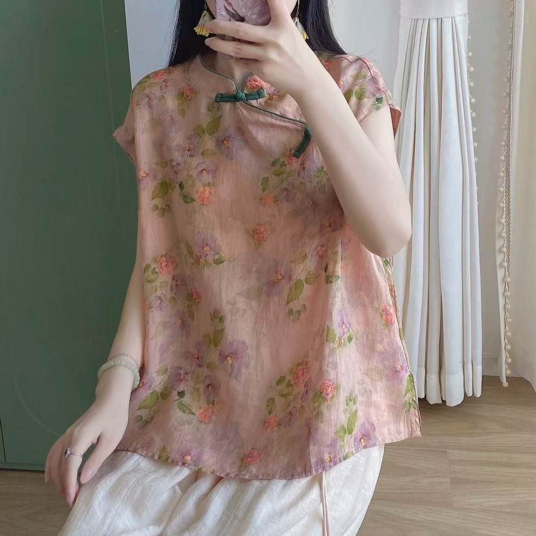 新中式纯印花无袖衬衫女夏宽松斜襟撞色盘扣改良旗袍短款上衣品哥