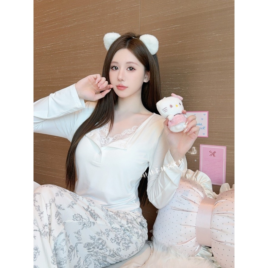 【极简巴黎】纯欲风睡衣女带胸垫秋季长袖代尔棉家居服气质可外穿