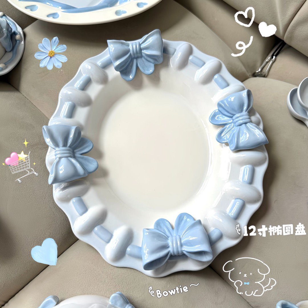 【蝴蝶结茶话会】设计师法式重工手捏蝴蝶结立体浮雕丝带陶瓷餐盘