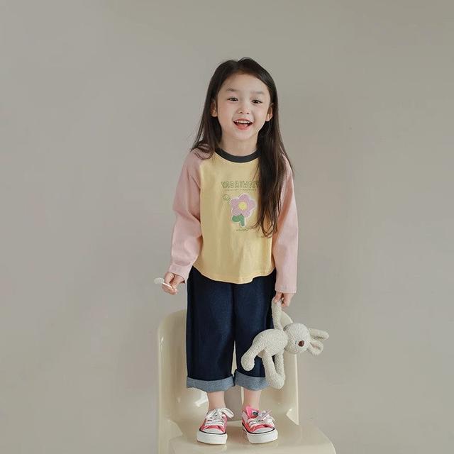 2024春秋季新款可爱毛巾绣插肩纯棉T恤女童洋气内搭长袖韩版上衣1