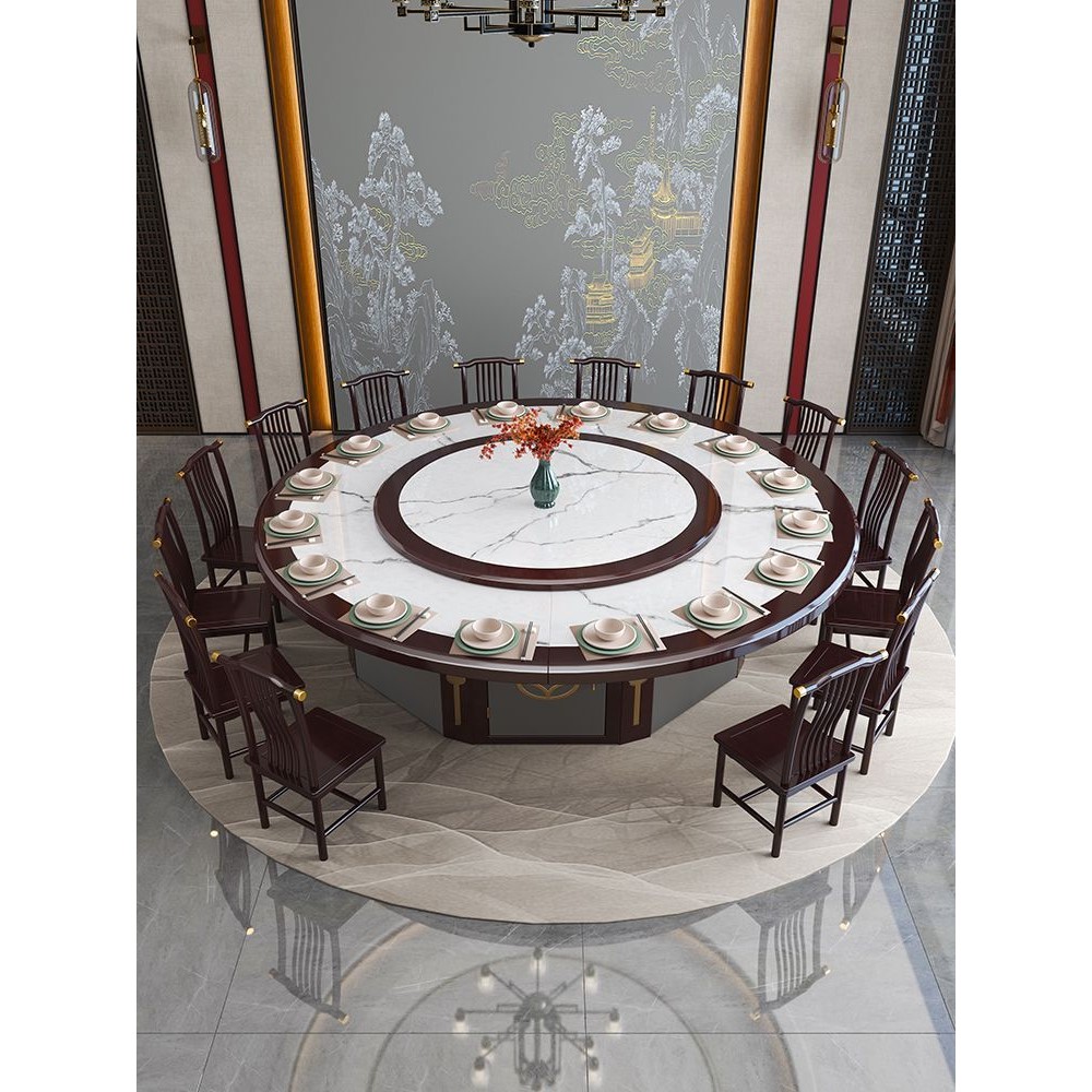 新中式岩板酒店圆桌转盘电磁炉餐桌椅组合实木家用饭店圆形餐桌
