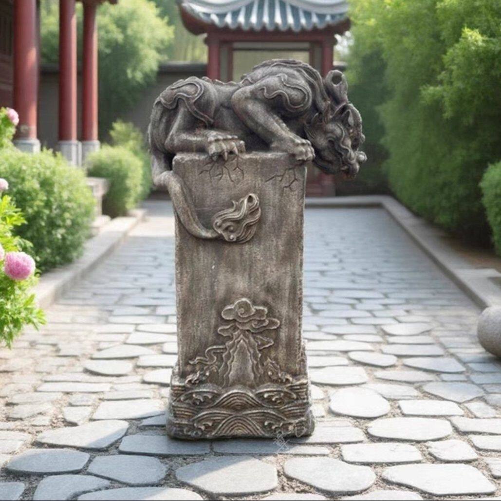 石雕龙生九子吸水拴马青石麒麟拴马桩貔貅庭院石狮子摆件仿古中式