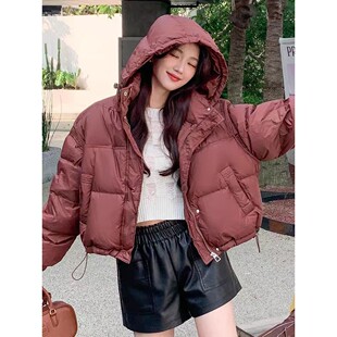 2025新款冬季韩版时尚宽松显瘦咖色连帽短款羽绒服防寒羽绒服外套