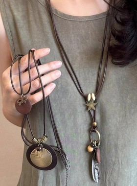 合金吊坠 新中式禅意长款羽毛项链女民族风装饰毛衣链吊坠配饰