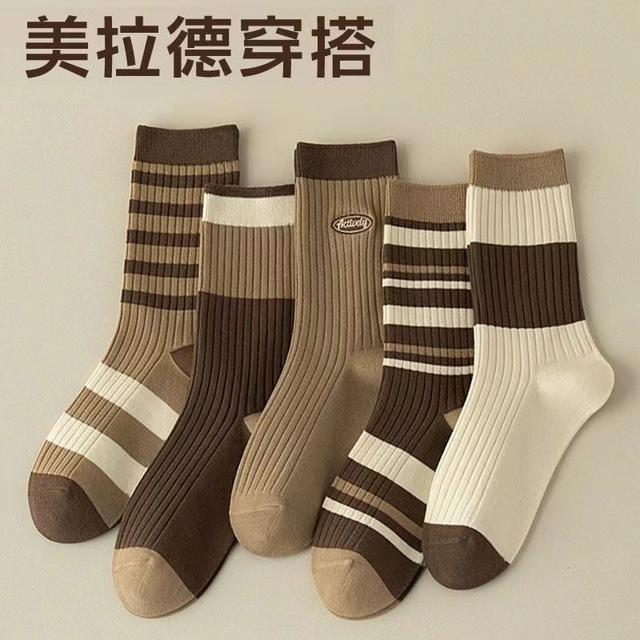 橙英袜业十双装春秋款袜子女美拉德色系堆堆袜学院风棕色系中筒袜