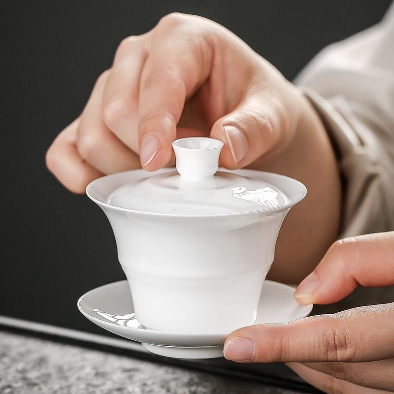 超薄胎潮州高骨瓷盖碗泡茶功夫茶碗茶具高档竹节防烫三才悬停家用