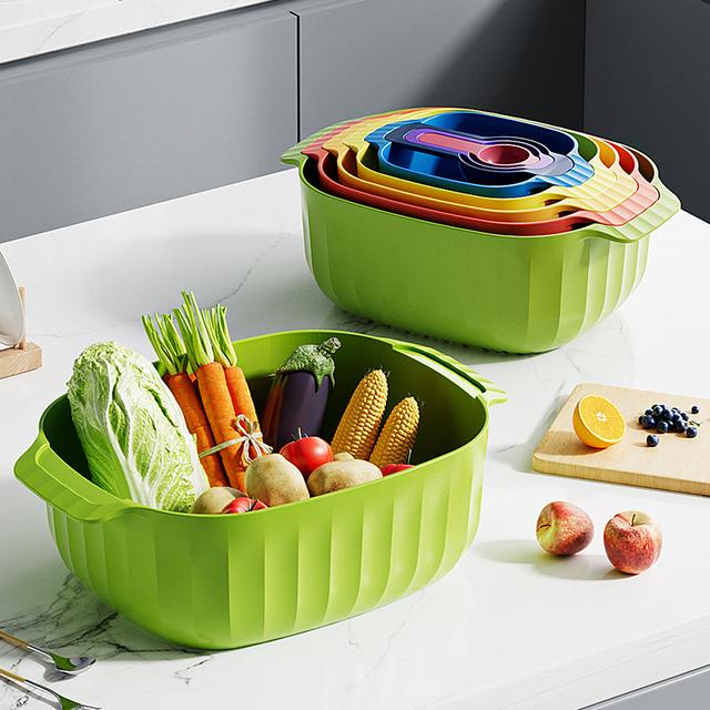 【9件套】洗菜盆沥水篮家用厨房双层洗菜篮子滤水淘菜盆食物收纳