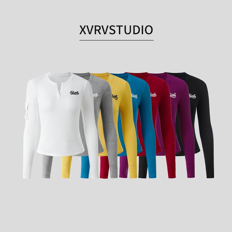 XVRV秋上新2025小V领运动绣花长袖T恤女工装口袋简约百搭女上衣