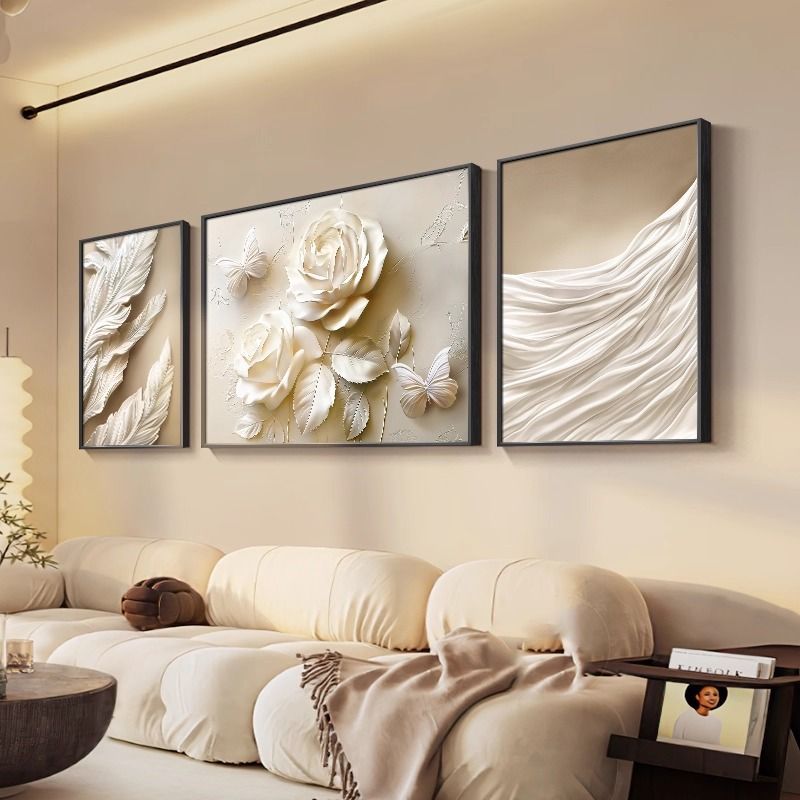 奶油风客厅装饰画高级感沙发背景墙挂画花卉浮雕立体感肌理三联画图片