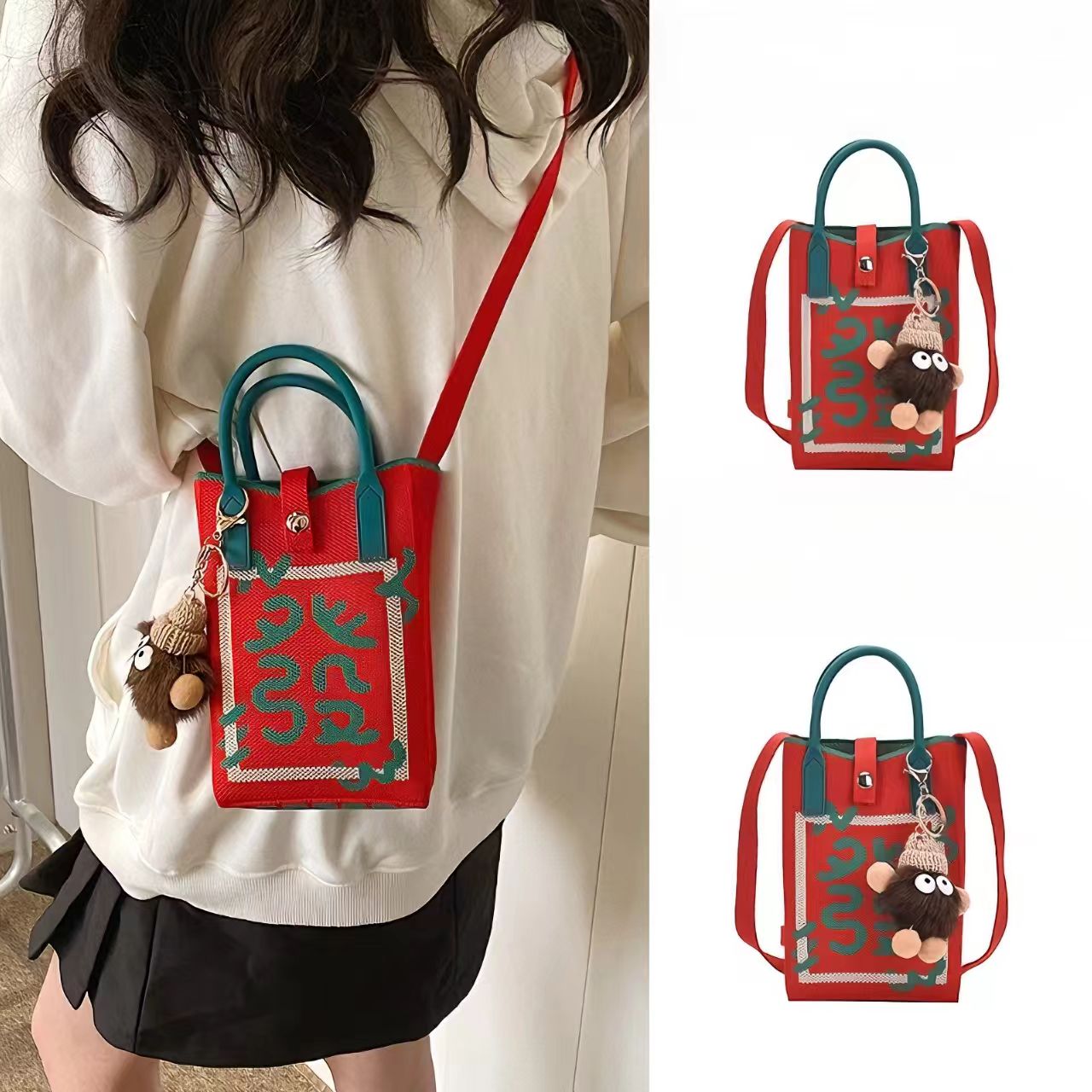 秋冬斜挎迷你小包包女2025新款新年压岁钱红色发财手提针织手机包