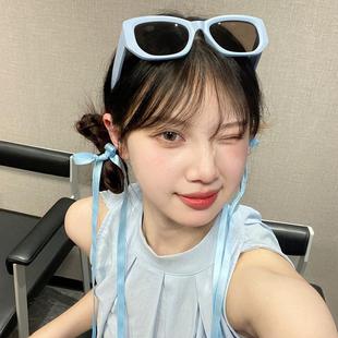 Y2K复古蓝色方形墨镜女2025新款 多巴胺风圆脸拍照防紫外线墨镜
