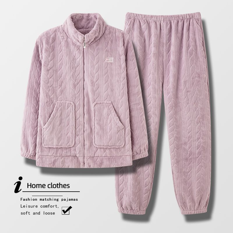 珊瑚绒睡衣女冬季加厚保暖妈妈家居服法兰绒加大码高档拉链可外穿