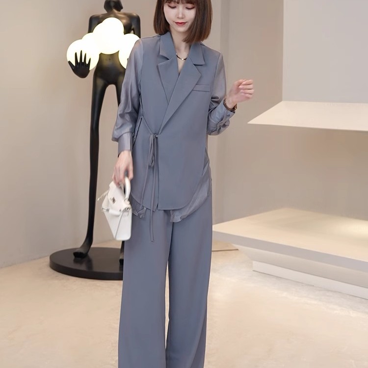 大码女装2025春季新款设计感拼接薄款西装外套高腰阔腿裤俩件套装