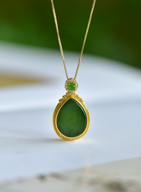 925银和田玉碧玉水滴吊坠20526百搭气质款复古轻奢民族风国风