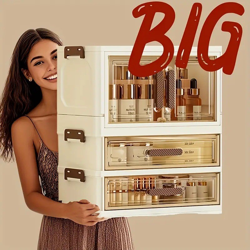 简约双开门折叠化妆品收纳盒桌面防尘护肤品收纳柜抽屉式口红