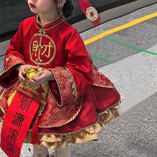 秋冬款女童拜年服新款洛丽塔裙子重工红色裙子套装