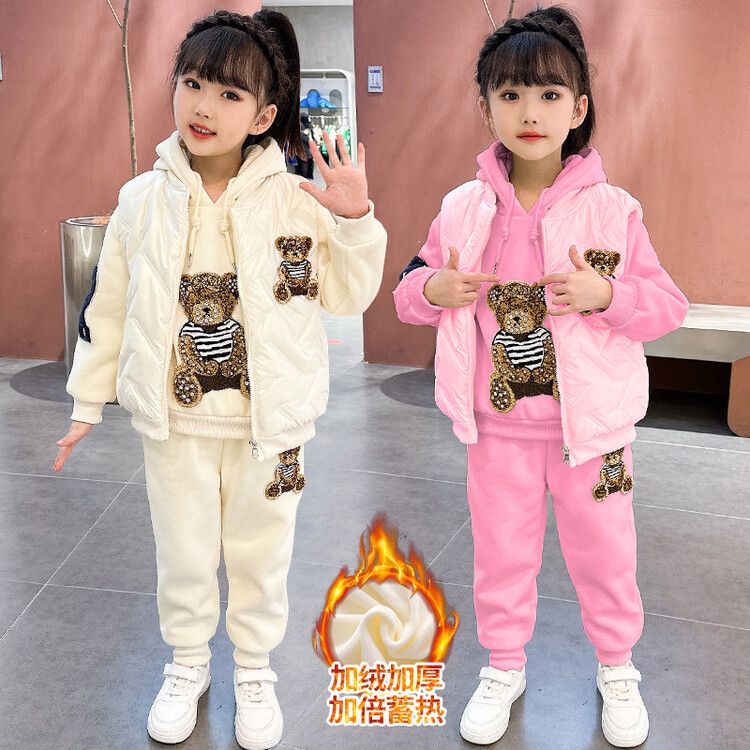女童马甲加绒加厚卫衣三件套2023冬季新款洋气小女孩卡通休闲套装