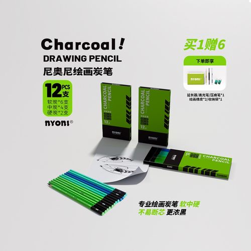 NYONI/尼奥尼专业绘画炭笔套装软中硬素描炭笔画浓黑加粗不易断