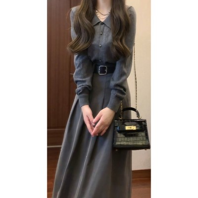 春季韩系穿搭套装裙针织衫上衣&灰色西装百褶半裙高腰a字裙9025