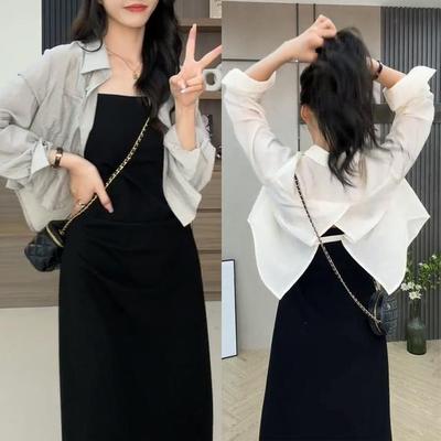 2025春季后开叉短款皱皱防晒衬衫吊带连衣裙套装中长款两件套女装