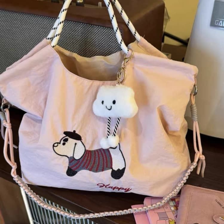 高颜值刺绣小狗快乐旅行托特包手提包女大容量帆布单肩斜挎包