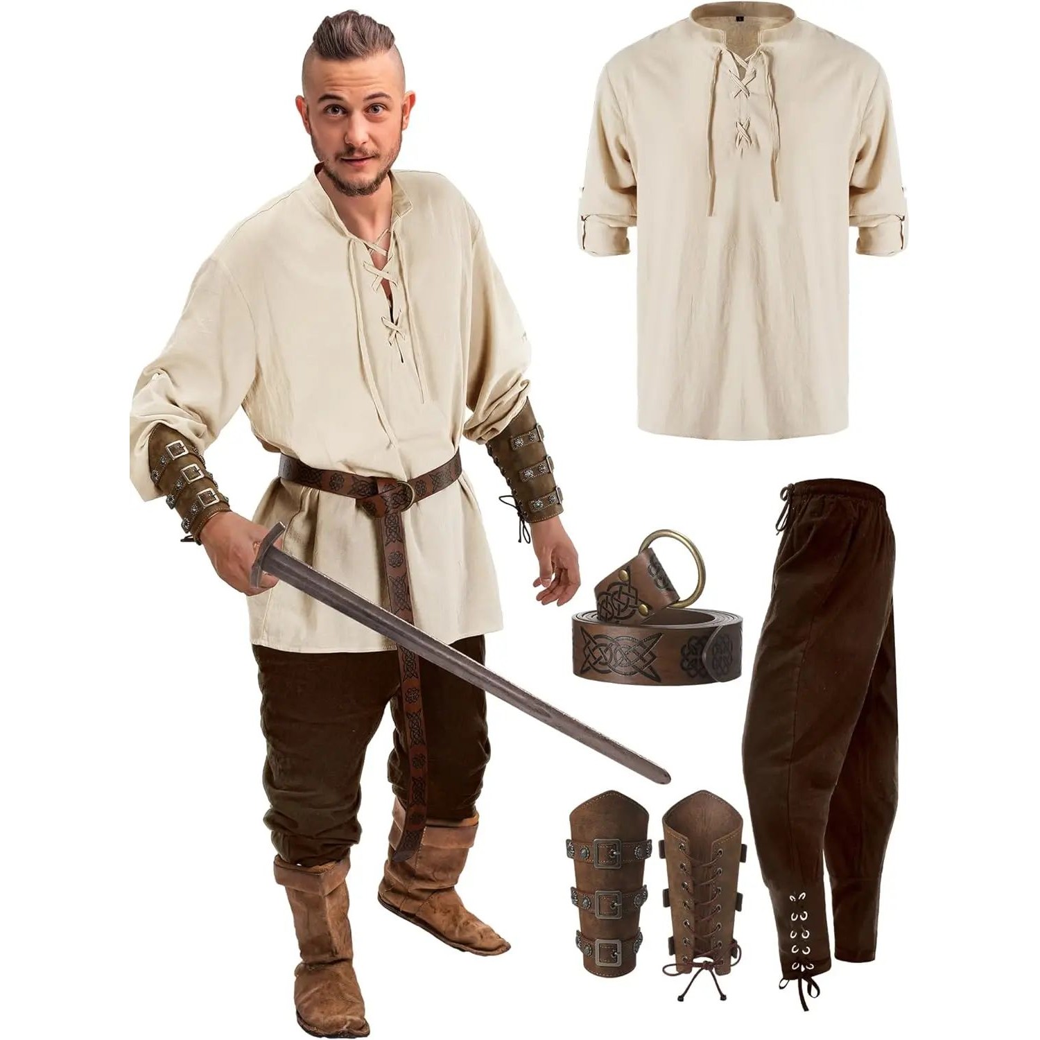 Jiuguva 4 Pcs Halloween Men's Renaissance Costume Set Mediev