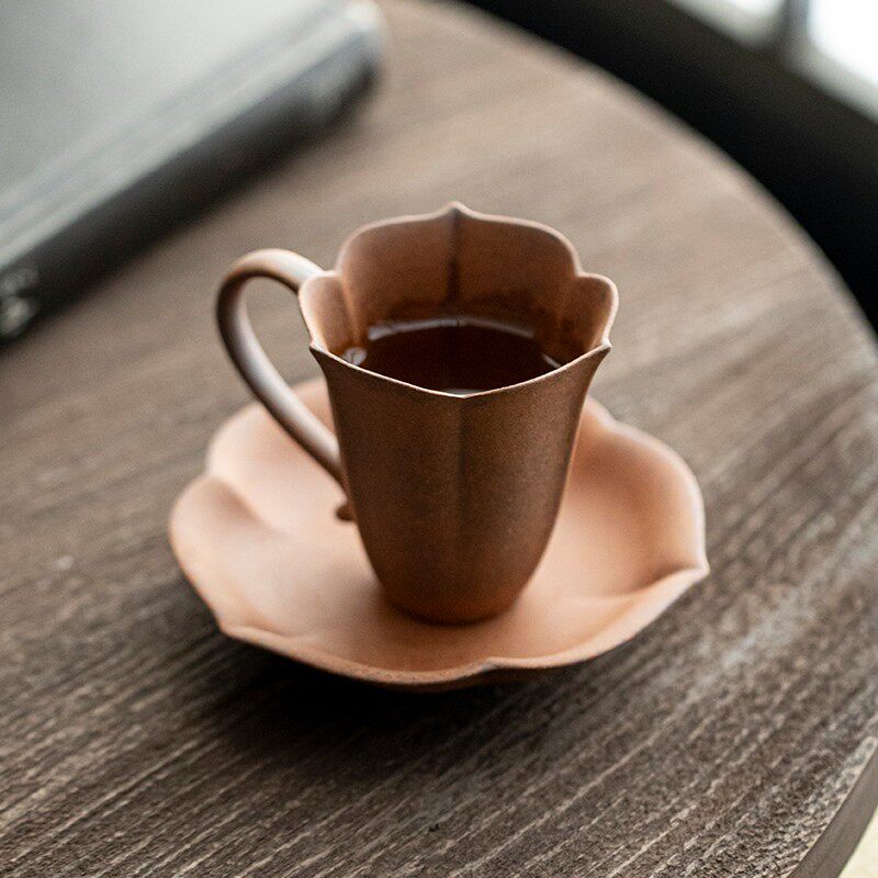 粗陶老岩泥美人把手杯素慕堂手工防烫主人杯垫单杯功夫茶具可养