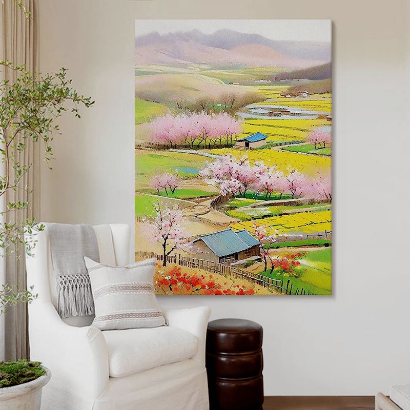 农村田野风景客厅装饰画多巴胺彩色喷绘平面油画山水植物玄关挂画图片