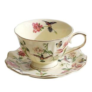 素杯西式 中国风元 高颜值花鸟咖啡杯碟复古格调描金陶瓷杯家用下午