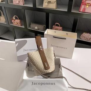 日本进口MUJ 轻奢高级 设计师款 真皮编织纹白色水桶包2024新款