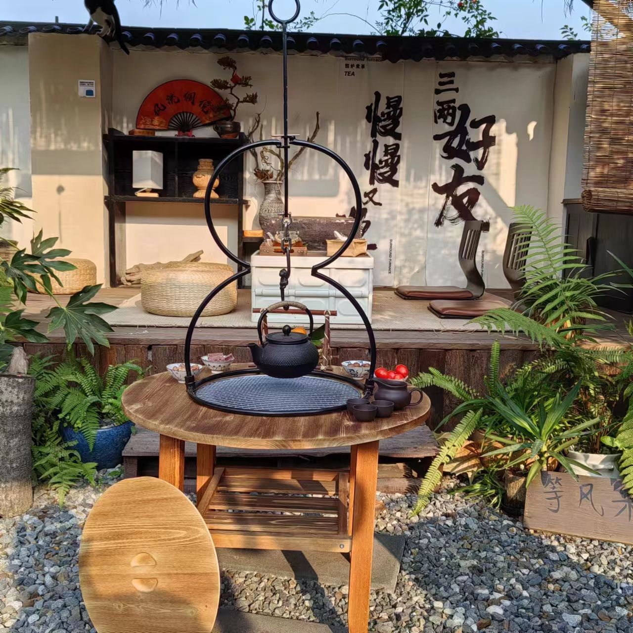 围炉煮茶圆桌老式烤火盆铸铁炭火冬季取暖烤火炉室内家用炭烧烤架