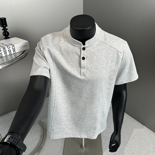 潮牌痞帅宽松半袖 裁剪解构polo衫 美式 亨利立领短袖 t恤男夏季