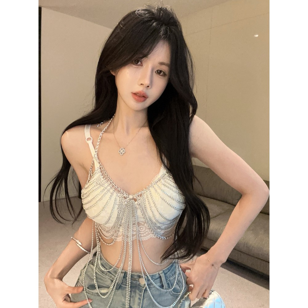 纯欲辣妹V领短款蕾丝聚拢吊带胸衣女夏性感露脐显瘦金属链条上衣