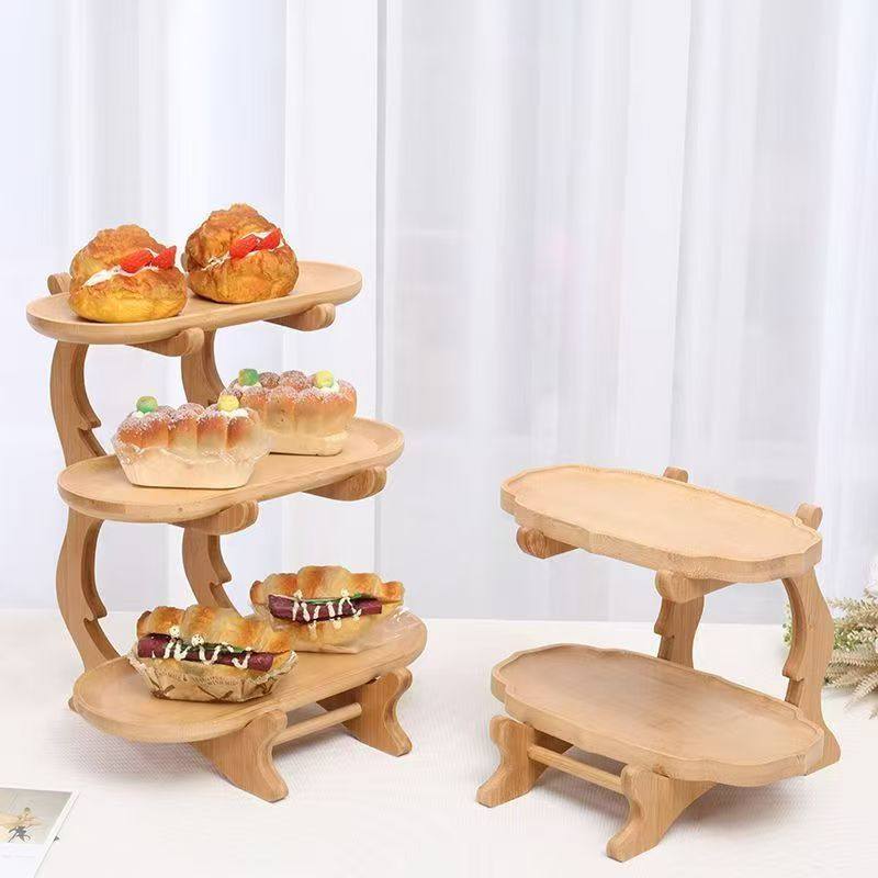 摆件展示架竹制蛋糕水果展示台下午茶提篮托盘木质甜品台多层甜品