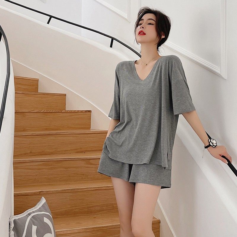 莫代尔睡衣女夏大码薄款家居服套装韩版宽松短裤短袖半袖纯色V领,女士内衣/男士内衣/家居服,睡衣/家居服套装,淘宝优惠券,粉丝福利购,淘宝优惠卷